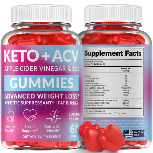 Keto ACV Gummies Advanced Weight Loss - Made in USA Tasty ACV Keto Gummies for Weight Loss, Digestion, Cleansing, No Gluten, No GMO & Vegan Keto Apple Cider Vinegar Gummies 1000mg, 60 pcs